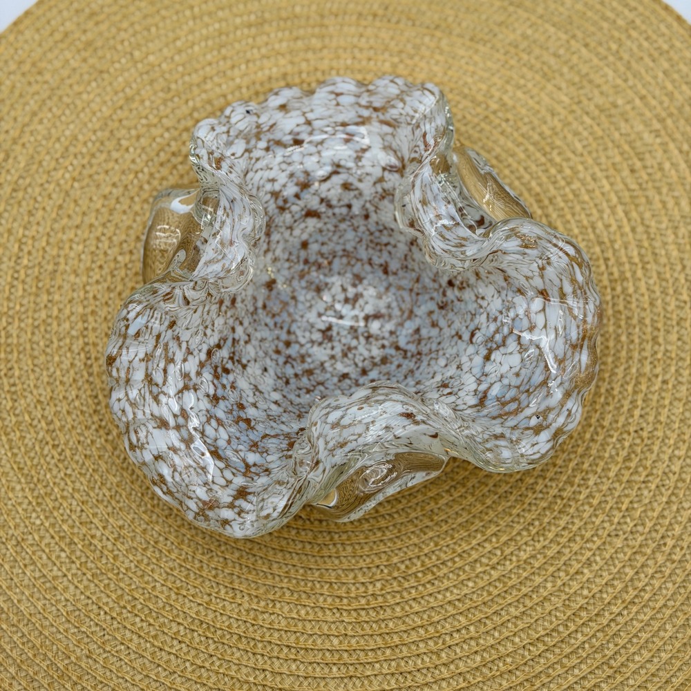 Vintage Hand Blown Art Glass Ruffled Bowl White Gold Fleck Splatter Murano Style